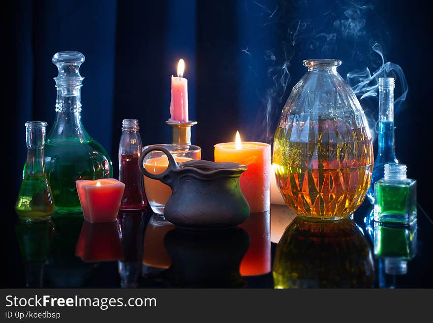 Magic Potions On  Blue Background