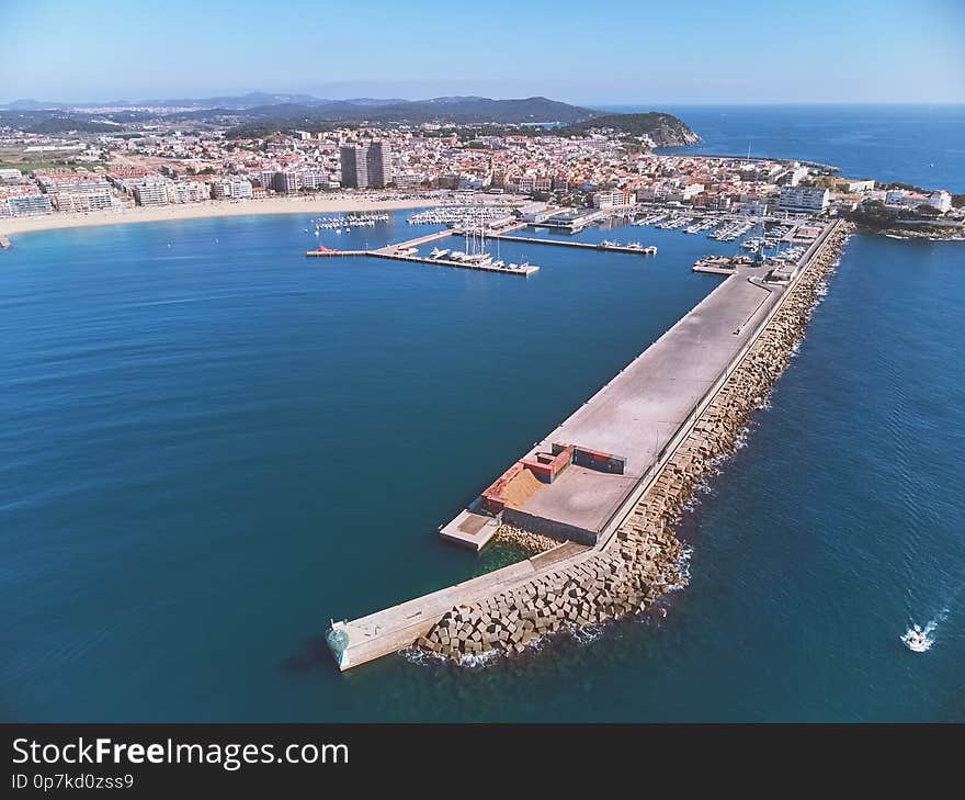 Aerial drone picture from small town Palamos from Spain, in Costa Brava.