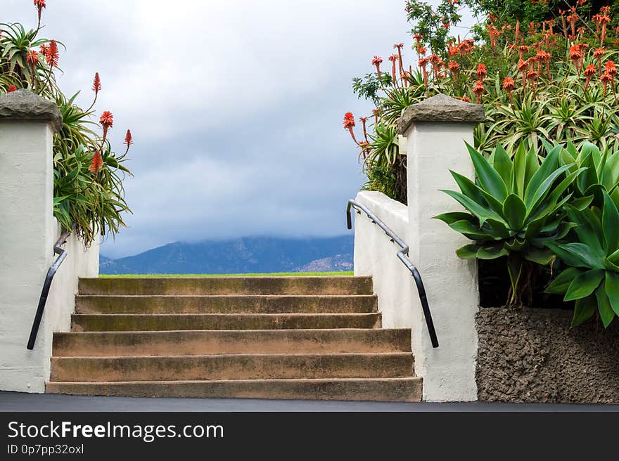 Stairs in a lush tropical garden with cloud covered hills in the distance. Stairs in a lush tropical garden with cloud covered hills in the distance