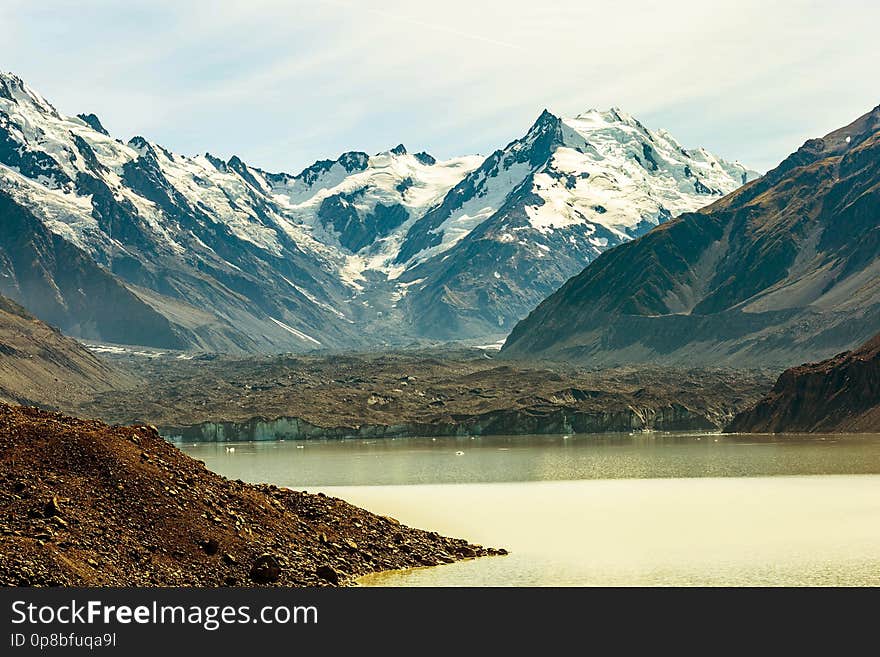 New Zealand&#x27;s longest Glacier, the Tasman Glacier is 24km long, up to 4km wide and 600m thick. The upper glacier is covered in snow but the lower part is totally rock covered. Canon 6D and 200mm lens