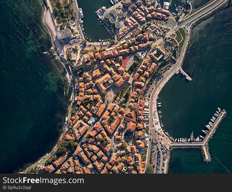 Top view aerial of old Nessebar, ancient city on the Black Sea coast of Bulgaria, UNESCO World Heritage. Top view aerial of old Nessebar, ancient city on the Black Sea coast of Bulgaria, UNESCO World Heritage