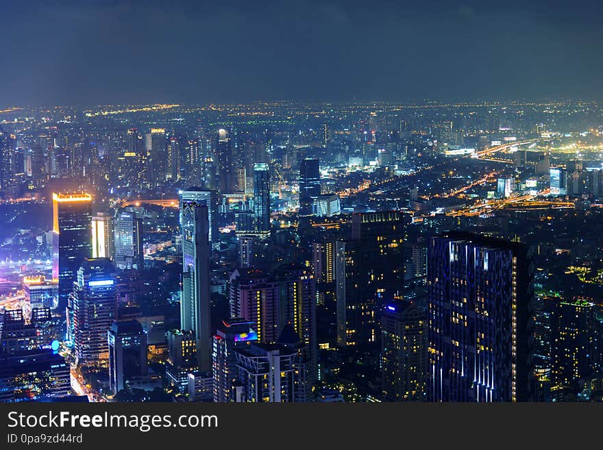 High view of river in the city in night