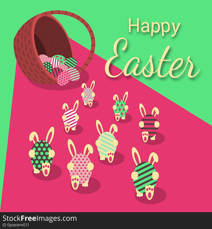 Happy Easter. Rabbits carry eggs from the basket.