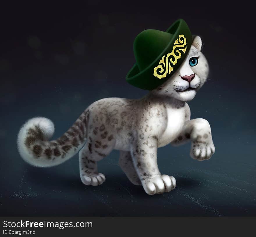 Digital illustration of snow leopard with kazakh national hat with oriental golden ornament, symbol of Kazakhstan