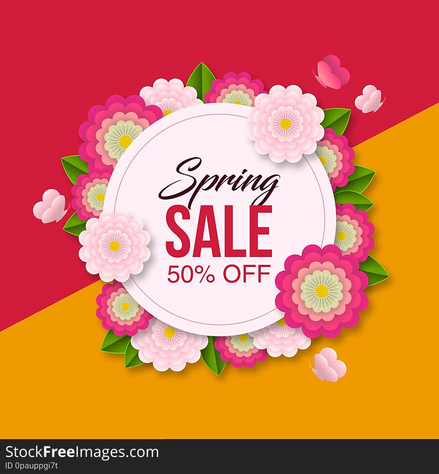Spring sale Special Offer background with colorful flower and leaf for spring offer 50% off. Can be used for template, banners,  flyers, invitation, posters, voucher discount, special offer, big sale promotion