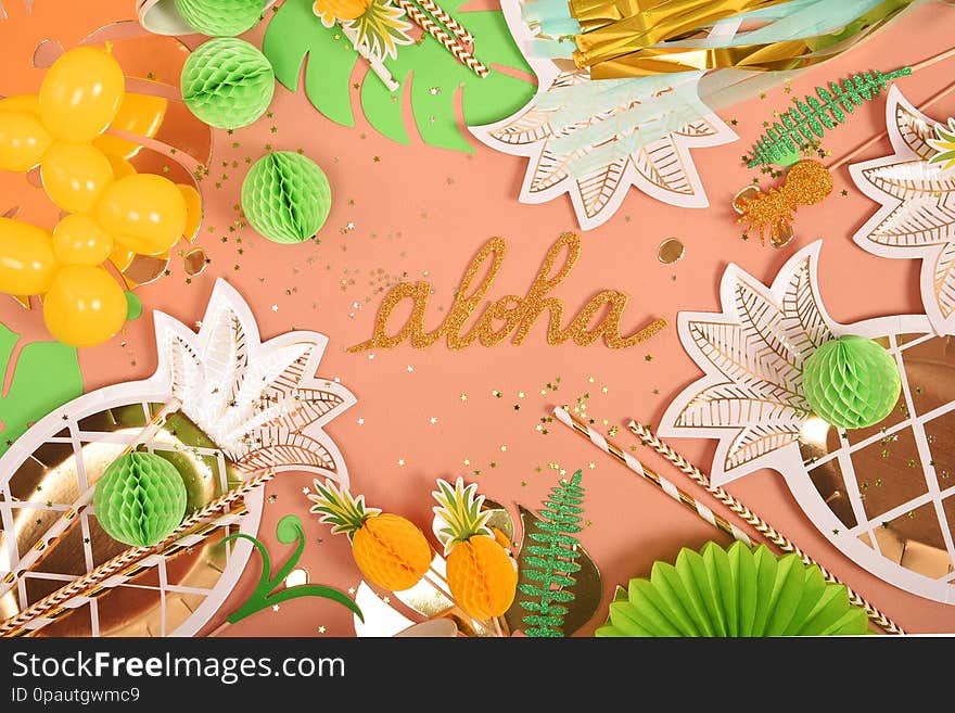 Festive background. Tropical theme. Summer. Hawaii. Party, birthday. View from above.