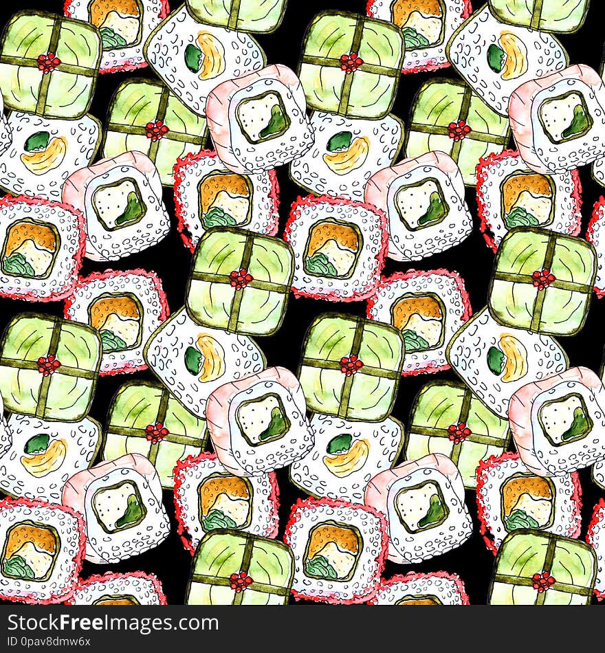 Large seamless sushi pattern on black background watercolor