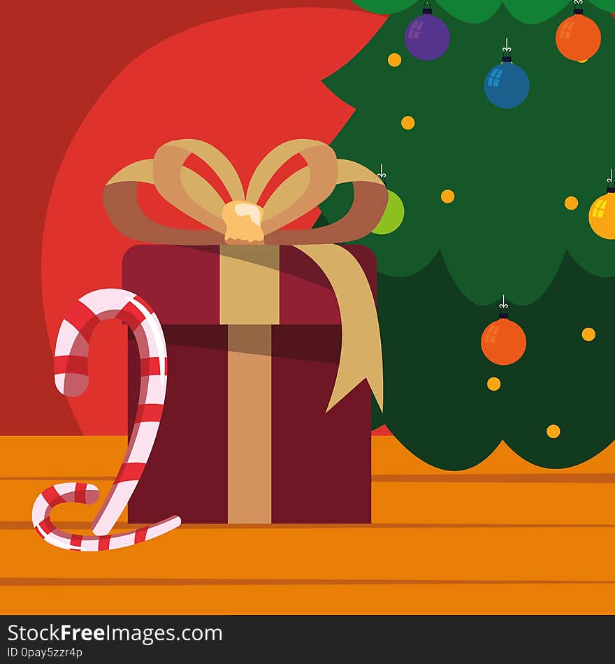 Christmas tree gift candy cane wooden background vector illustration