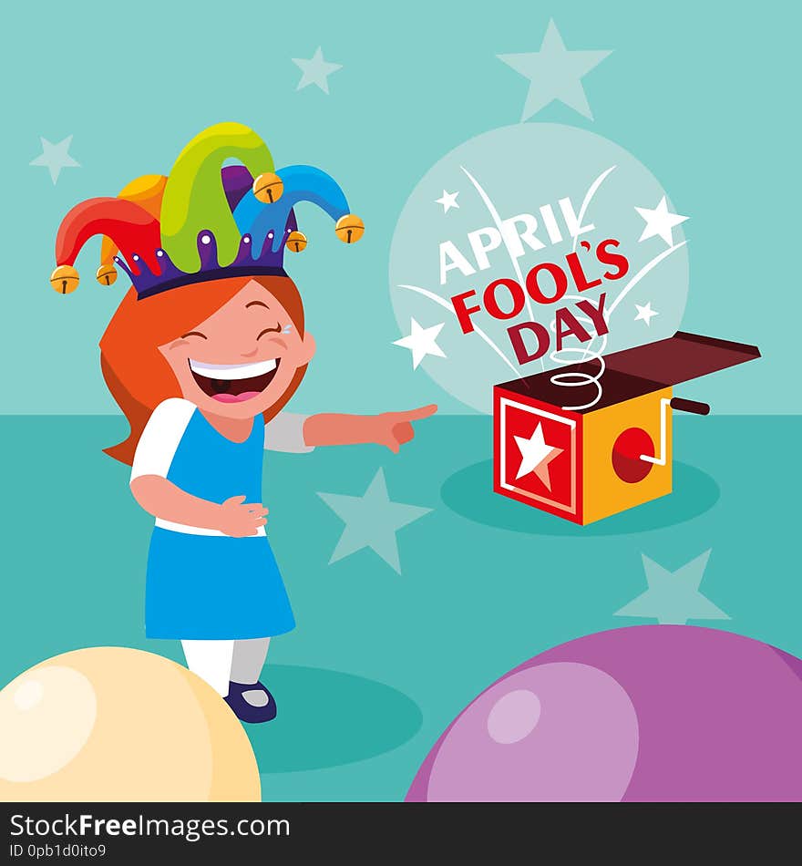 Happy girl with joker hat and surprise box april fools day card vector illustration