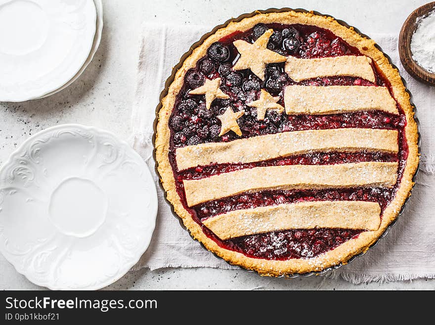 American flag berry pie, top view. Independence Day of America concept