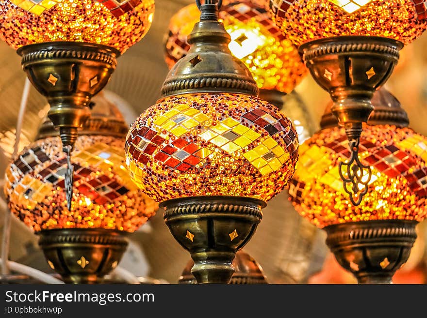 Traditional bright decorative hanging Turkish lamps and colourful lights with vivid colours  in the Istanbul Bazaar, Turkey