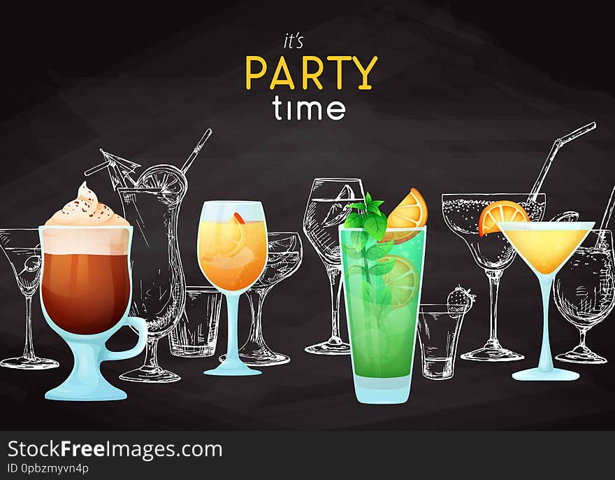 Background with different cocktails. Drawing chalk on a blackboard. Caption: it`s party time. Place on your text. Vector