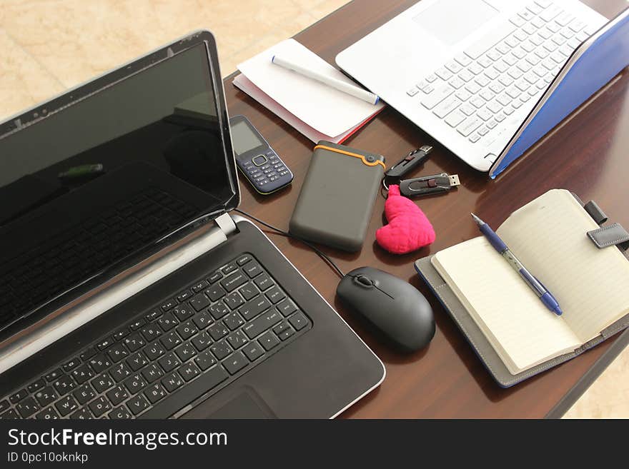 Keyboard and computer laptops in office