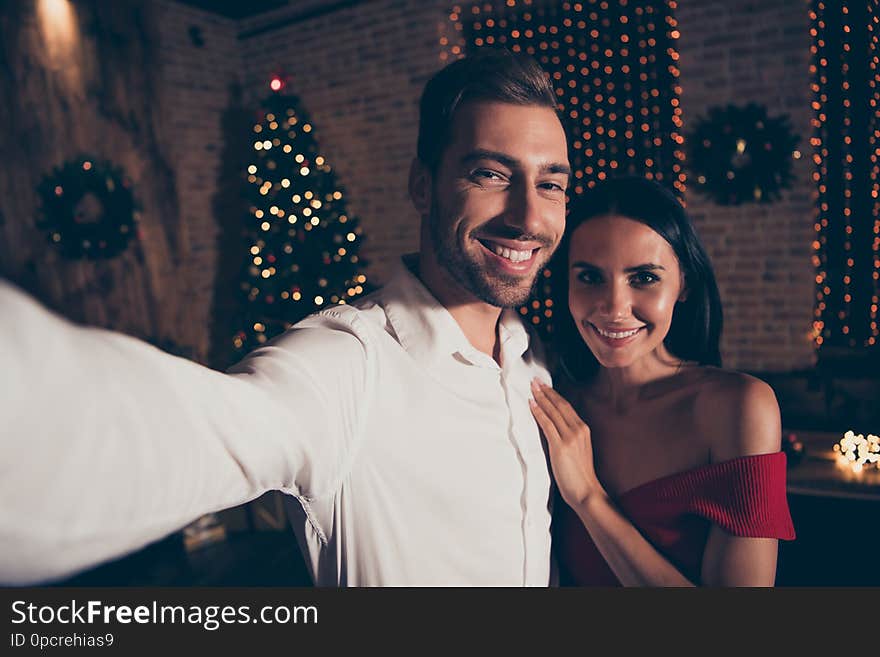 Careless, carefree, good-looking men in formal wear make selfie with beautiful, sweet, charming, attractive, cute, elegant, gorgeous lady in red trendy stylish dress on smartphone make beaming smile. Careless, carefree, good-looking men in formal wear make selfie with beautiful, sweet, charming, attractive, cute, elegant, gorgeous lady in red trendy stylish dress on smartphone make beaming smile