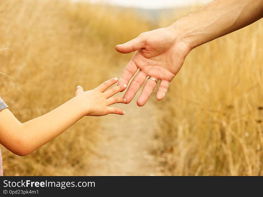 A beautiful hands of a happy child and parent in the nature park