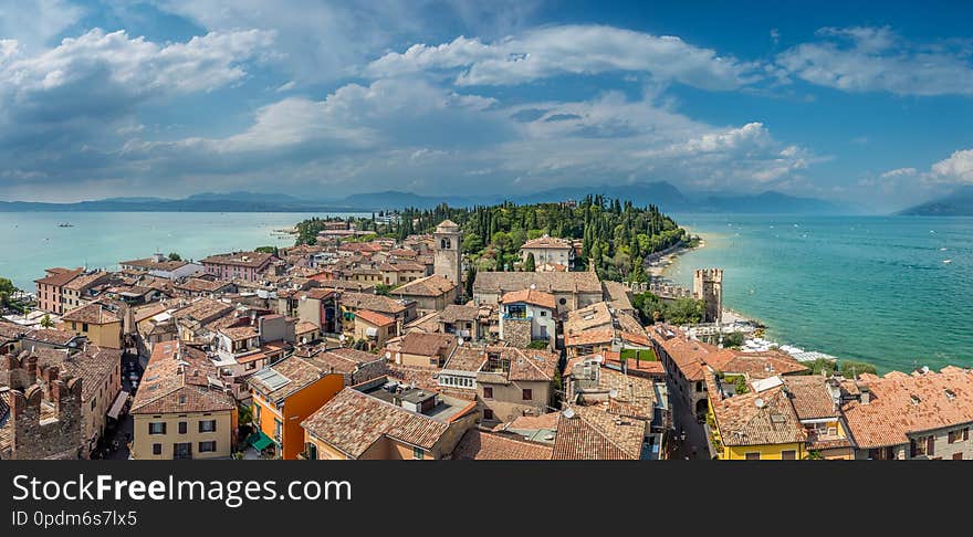 View at the top of the buildings in Sirmione village by the Lake Garda in Italy