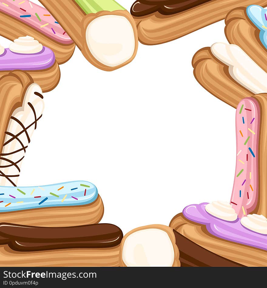 Pattern of Sweet and yummy cream eclair dessert. Choux pastry filled with cream. Flat  illustration on white background. Dessert set