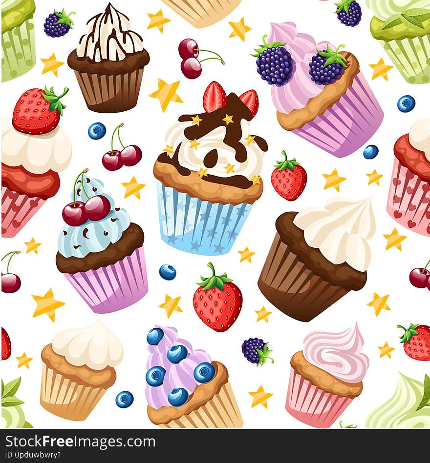 Seamless pattern. Collection of cupcakes with different ingredients. Set of sweet cakes. Colorful dessert. Flat  illustration on white background