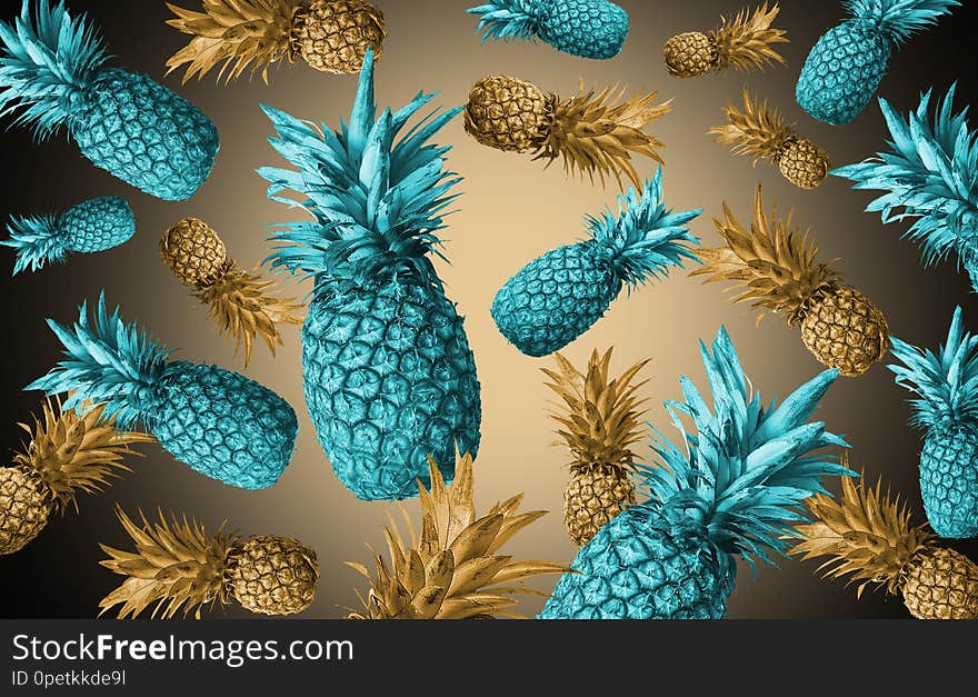 Abstract fruit background with colorful pineapples. Bright fruit concept. Background of a wall, frame, pineapples, abstraction