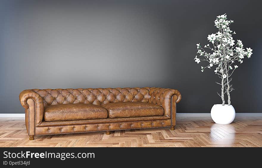 Minimal living room with brown leather sofa and black wall 3D illustration, big plant