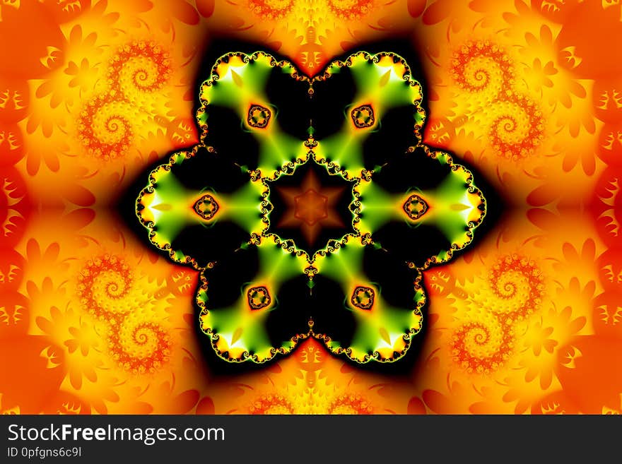 Beautiful abstract figure consisting of a fractal flower and stars on an orange background. Beautiful abstract figure consisting of a fractal flower and stars on an orange background