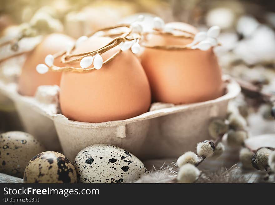 Happy Easter. Congratulatory Easter Background. Easter Eggs And Flowers. Selective Focus.