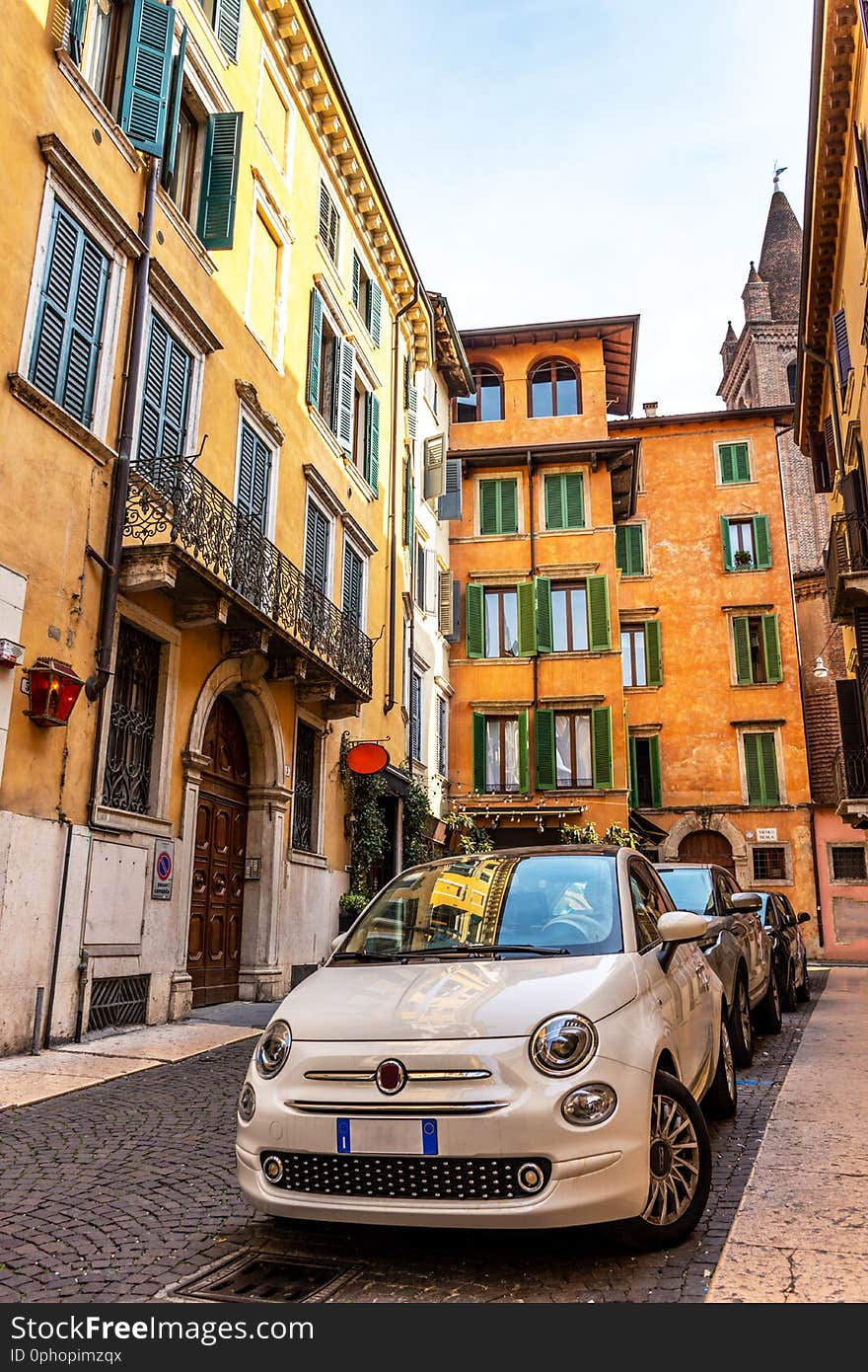 View of the downtown streets in Verona with old houses, Italy