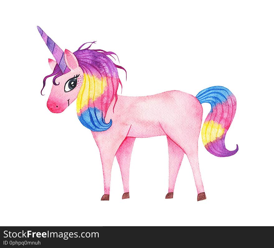 Watercolor cute magic pink unicorn with horn isolated on white background