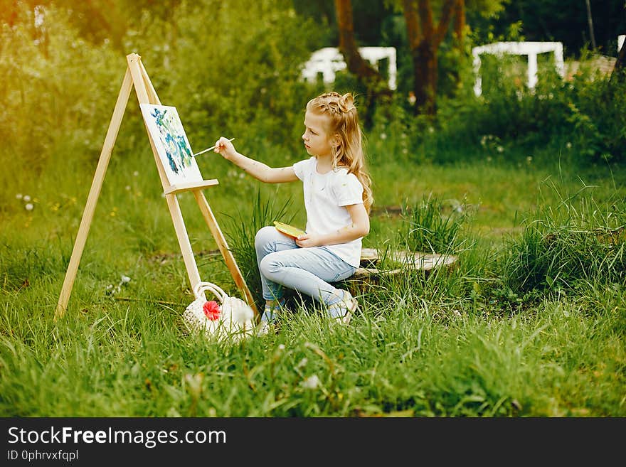 Little girl in a summer park. Cute child drawing. Little girl in a summer park. Cute child drawing