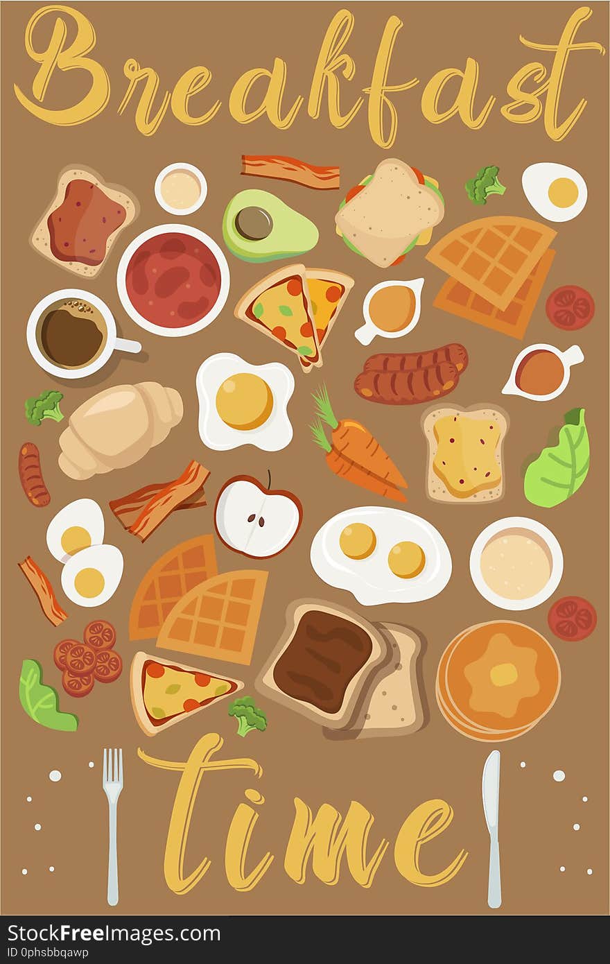 Vector breakfast concept set with food and drinks with flat icons in composition. Breakfast composition sandwich and omelette, juce, breakfast food bakery illustration