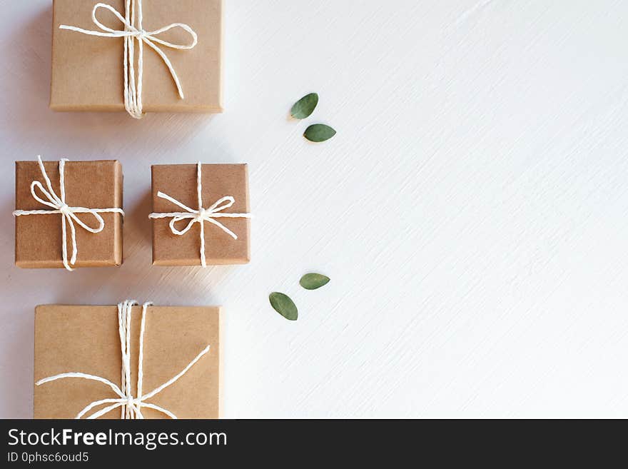 Craft gift boxes on white background.