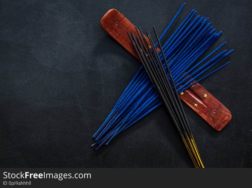 Air Freshener Sticks On Dark Blue Background Top View Mockup