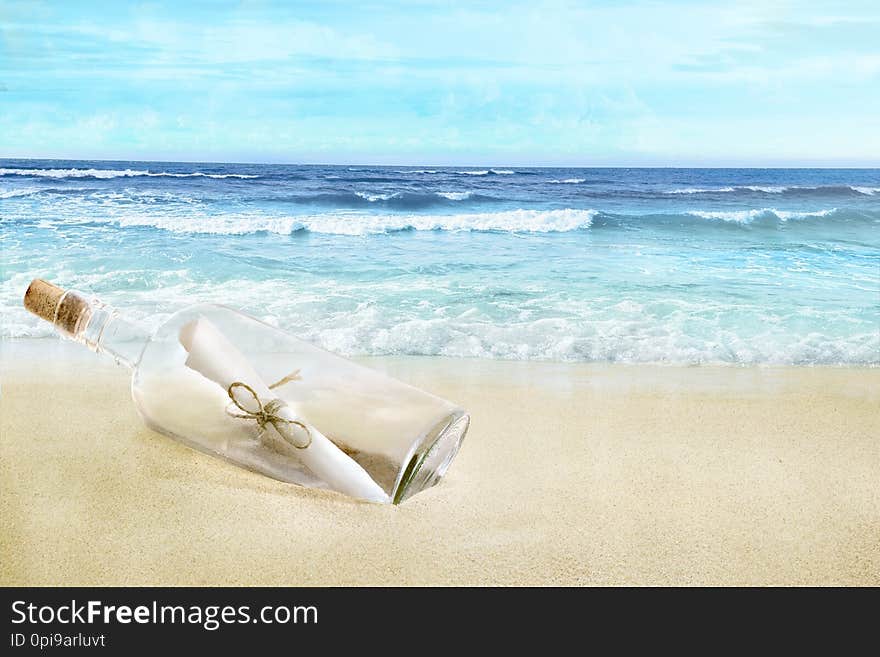 Bottle with a message on the beach.