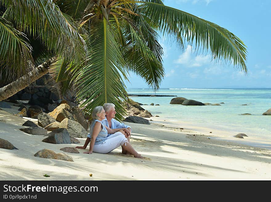 Happy elderly couple resting in tropical garden outdoors. Happy elderly couple resting in tropical garden outdoors