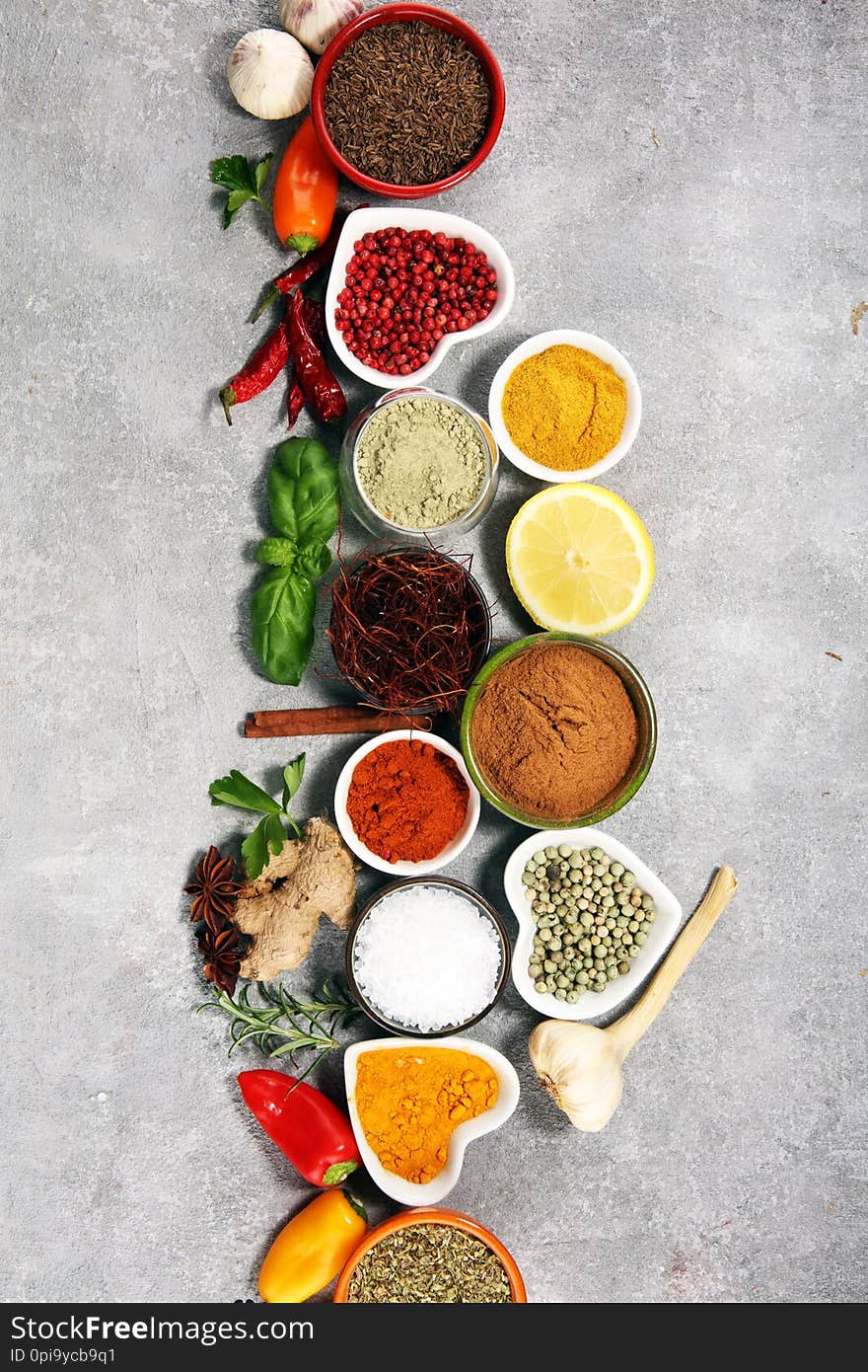 Spices and herbs on table. Food and cuisine ingredients for cooking