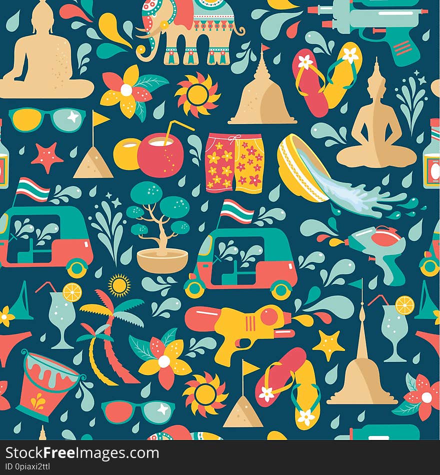 Songkran festival in Thailand. Colorful seamless Pattern with gun,elephant, water, and tuk-tuk on blue.