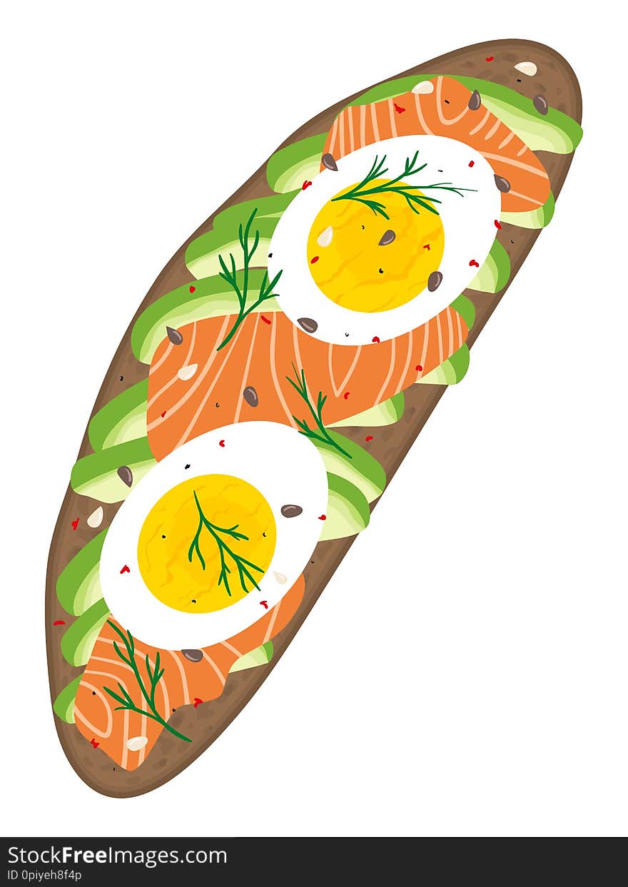 Delicious avocado, salmon and hard boiled egg sandwich isolated on white background. Fresh dark rye rustic bread loaf with slices of ripe avocado, egg and lox. Vector hand drawn illustration. Delicious avocado, salmon and hard boiled egg sandwich isolated on white background. Fresh dark rye rustic bread loaf with slices of ripe avocado, egg and lox. Vector hand drawn illustration.