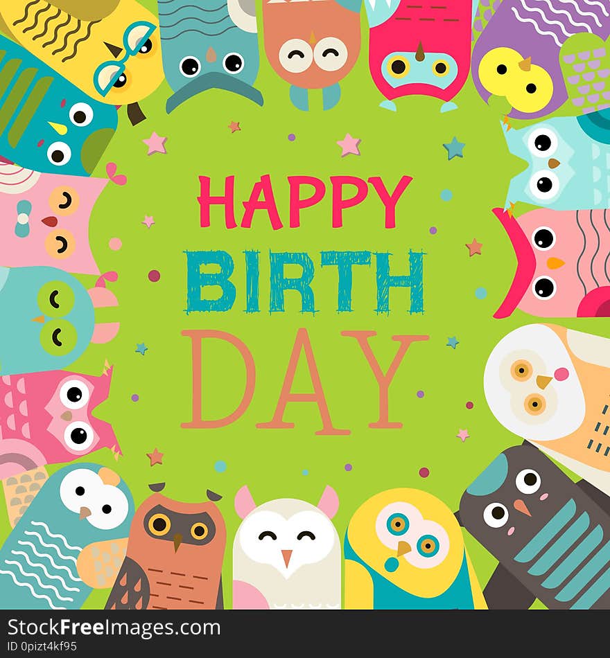 Owl pattern vector illustration. Welcome to my birthday. Make a wish. Cute cartoon wise birds with wings for invitations