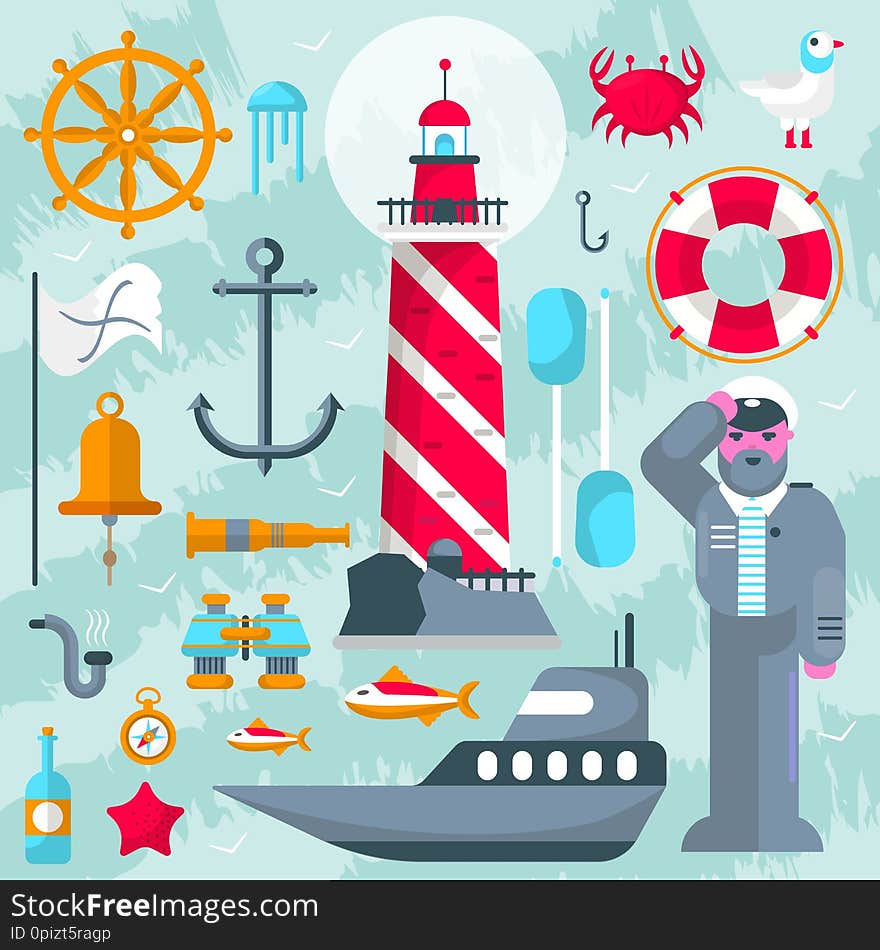 Nautical vector design elements with sailor and boats, helms and lighthouses for sailors day.Lifebuoy, anchor, gull, crab