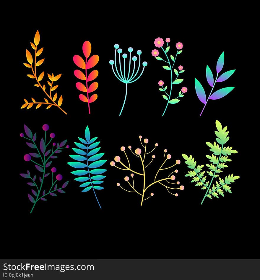 Set with original bright gradient  abstract plants, branches and leaves. Colorful botanical pattern collection icons for design.