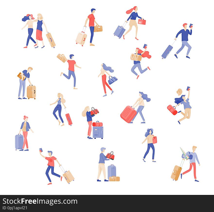 Different people travel on vacation. Tourists with laggage travelling with family, friends and alone, go on journey. Travelers in various activity with luggage and equipment. Vector illustration