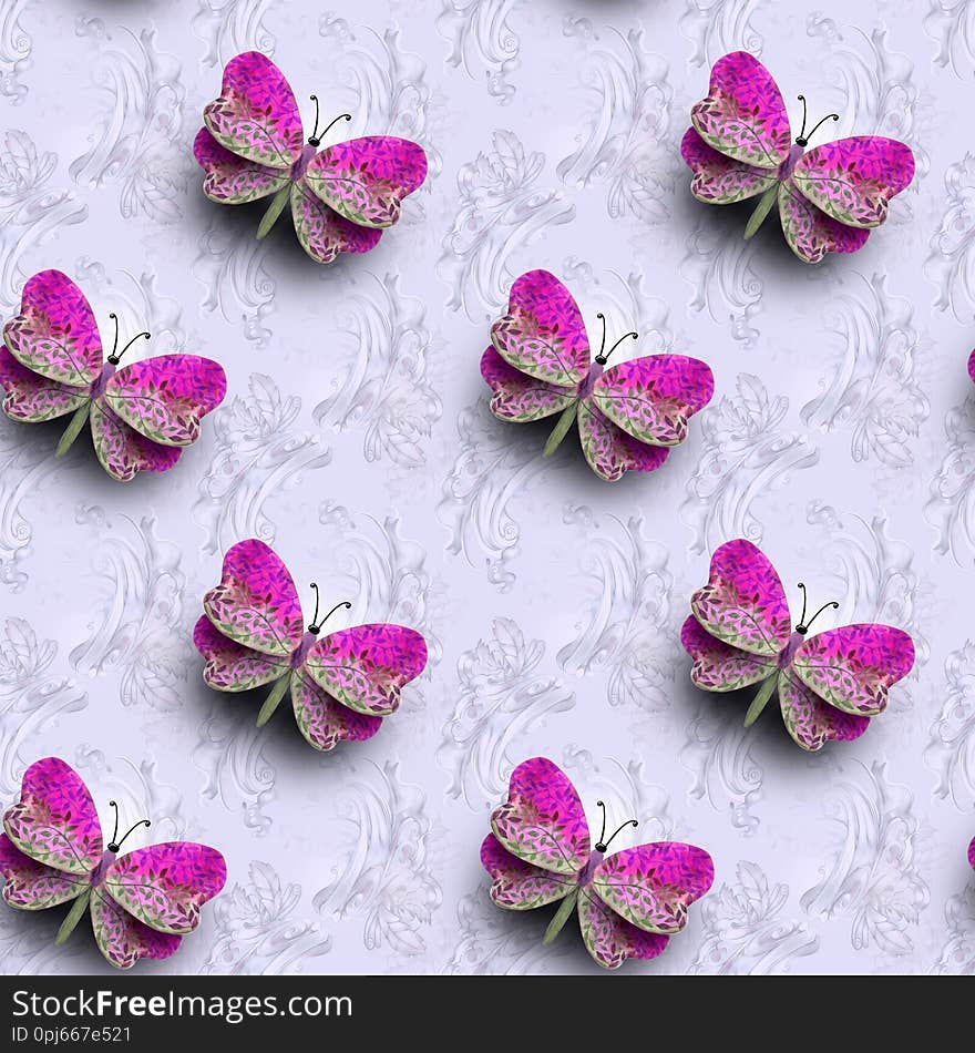 Pink butterflys on pattern, watercolor drawing, soft background