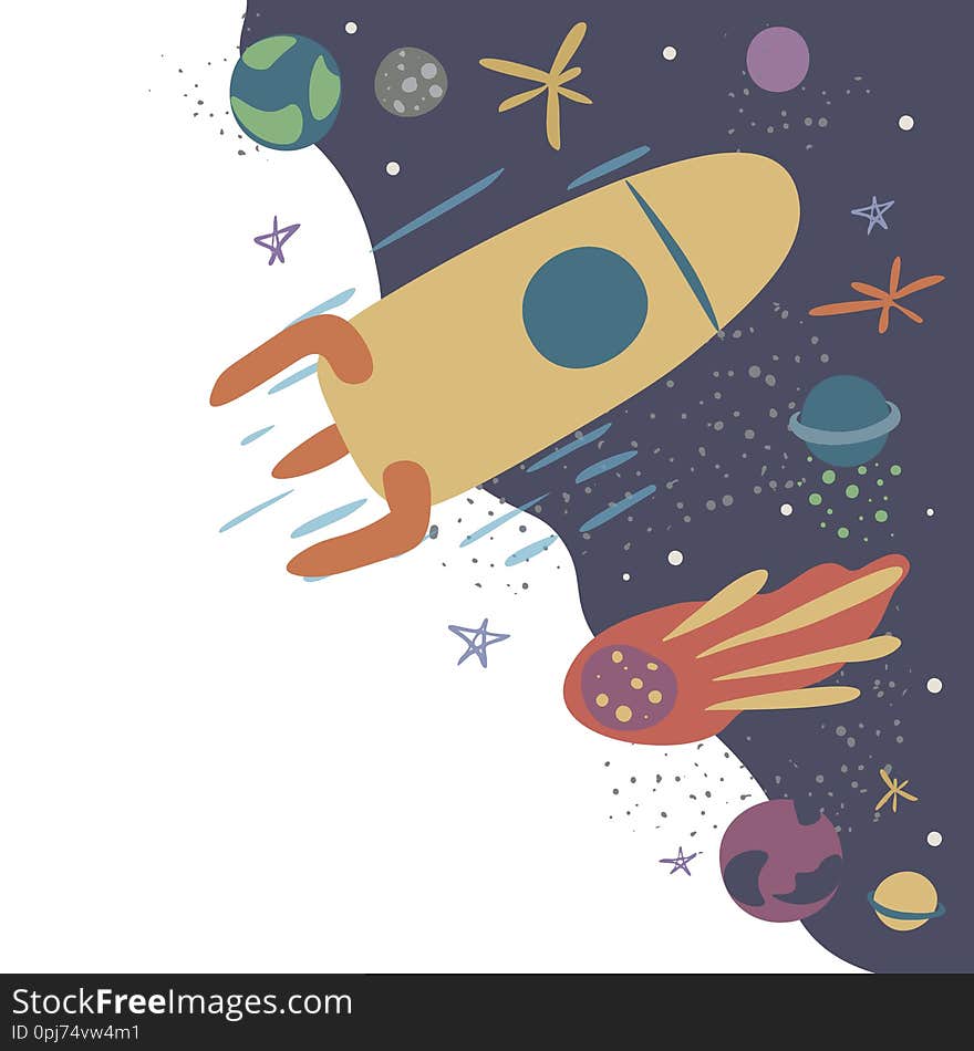 Vector illustration with rocket, comet,stars and planets. Spaceflight, space exploration