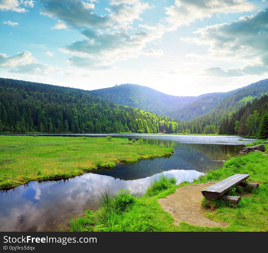 Kleiner Arbersee lake in the National park Bavarian forest,Germany. Beautiful spring landscape at sunset.