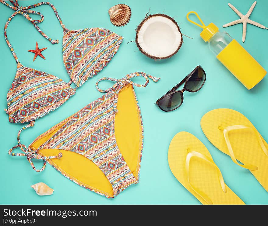 Summer vacation, travel, tourism concept flat lay