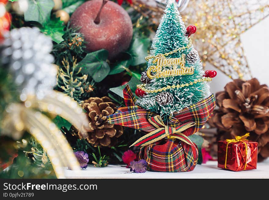 Christmas Background With Decorations And Gift Boxes On Wooden