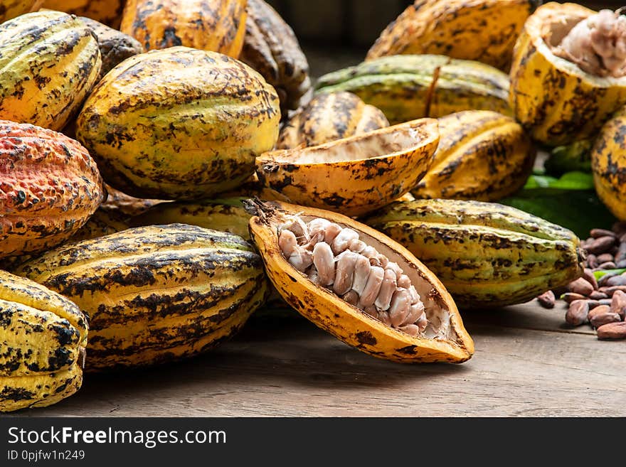 Cocoa Beans And Cocoa Pod On A Wooden Surface