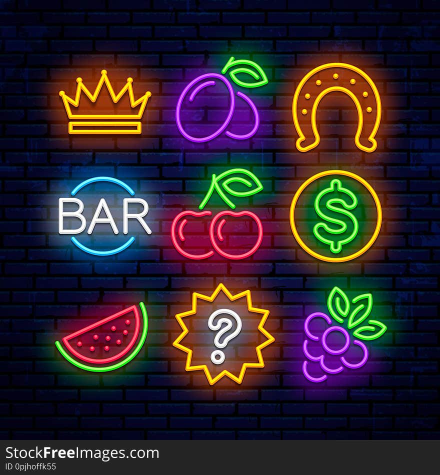 Vector gaming neon icons for casinos. Signs for slot machines.