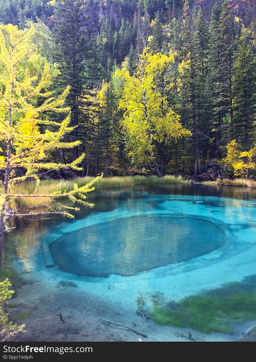 Blue Geyser Lake In Altai Mountains. Siberia, Russia