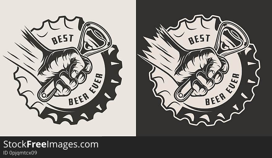 Monochrome brewery vintage print with beer cap and male hand holding bottle opener isolated vector illustration